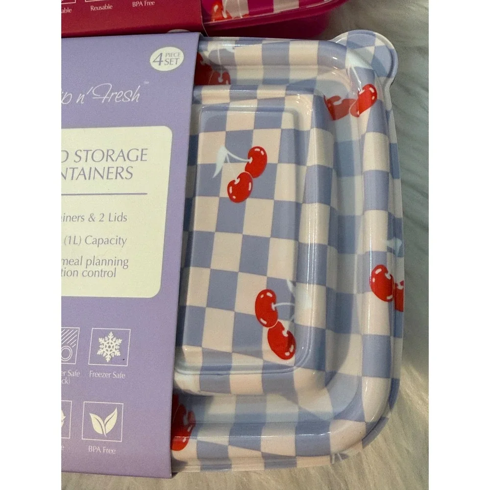 Flip n Fresh Gossi Cherry Checkered Food Storage Containers 4pc Set Pink Blue